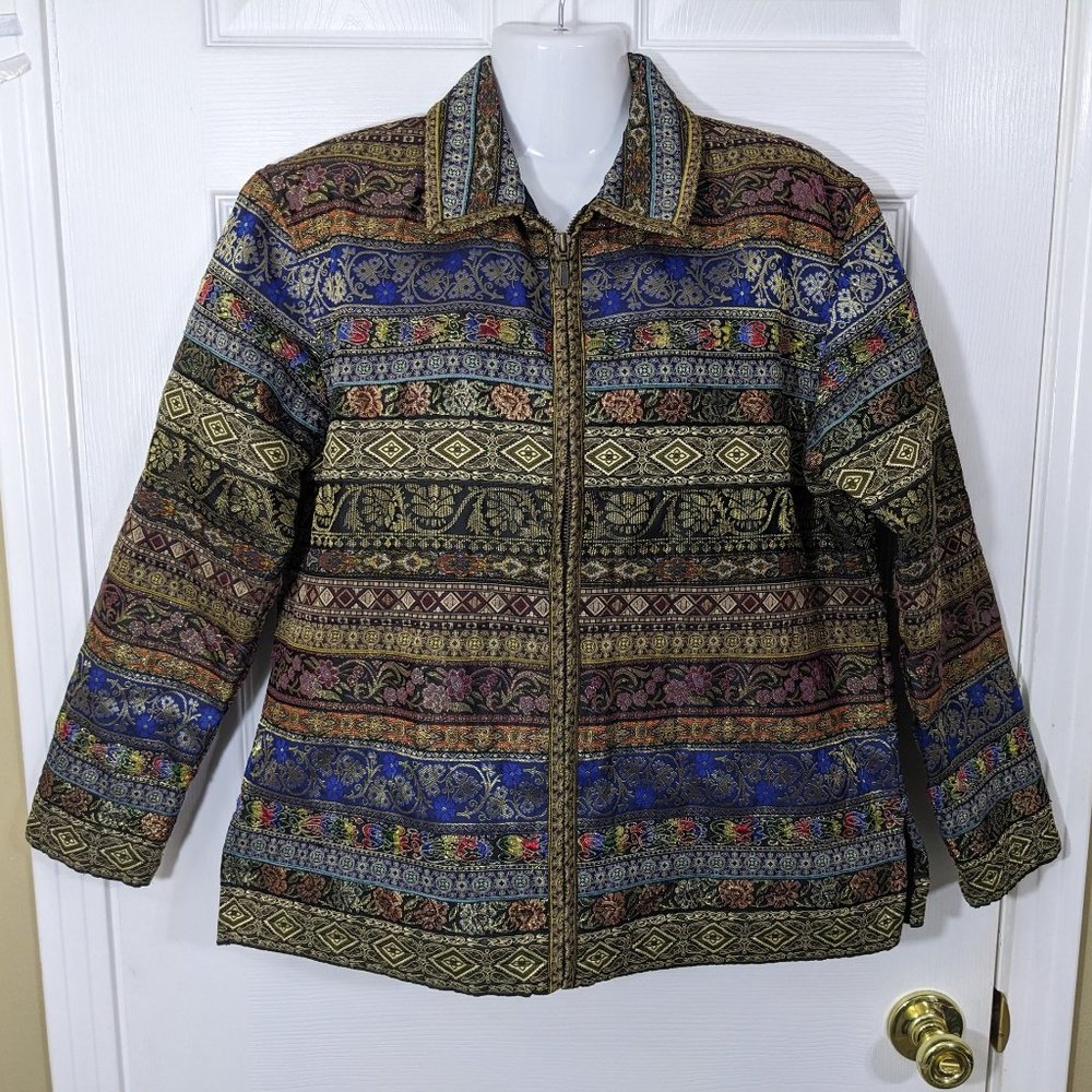 Chico's Design Metallic Multicolored Indian Printed Tinsel Jacket - size 1(8-10)
